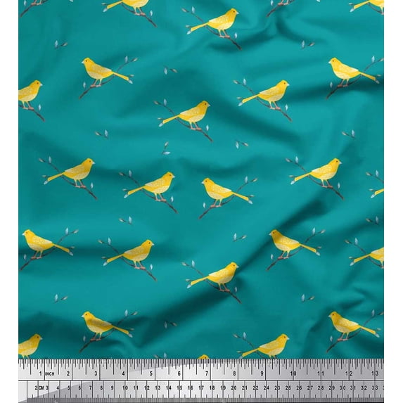 Soimoi Satin Silk Fabric Leaves,Branches & Canary Bird Fabric Prints By Yard 42 Inch Wide