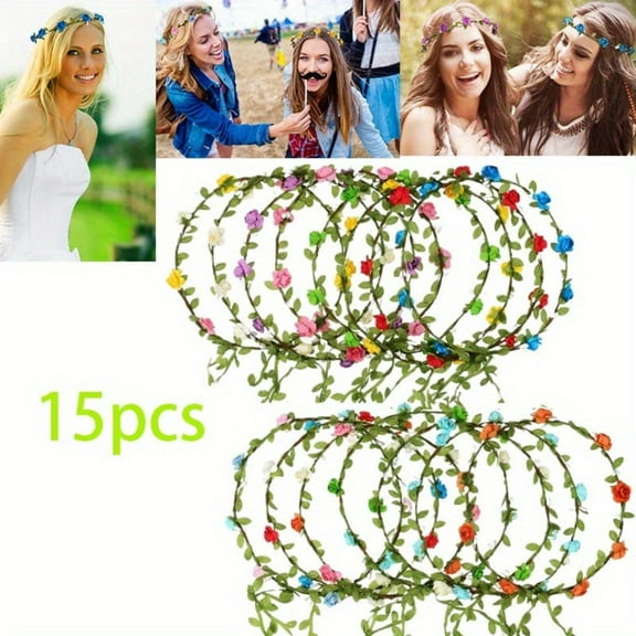 15Pcs Assorted Colors Flower Crown Wreath Headband Garland, Multicolor Floral Headbands for Wedding Festival Vacation Fairy Outdoor Party Photography Props