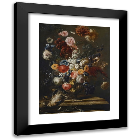 Franz Werner von Tamm 12x14 Black Modern Framed Museum Art Print Titled - A Still Life of Flowers in an Urn on a Marble Ledge with a Bird