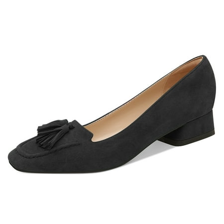 YDN Women Fashion Block Low Heel Loafers Slip On Square Toe Tassel Fringed Pumps Dressy Party Office Daily Shoes Size 9 Black