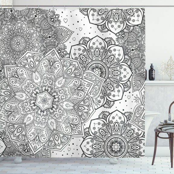 Ambesonne Mandala Shower Curtain, Eastern Lace Floral Image, 69"Wx75"L, White and Grey