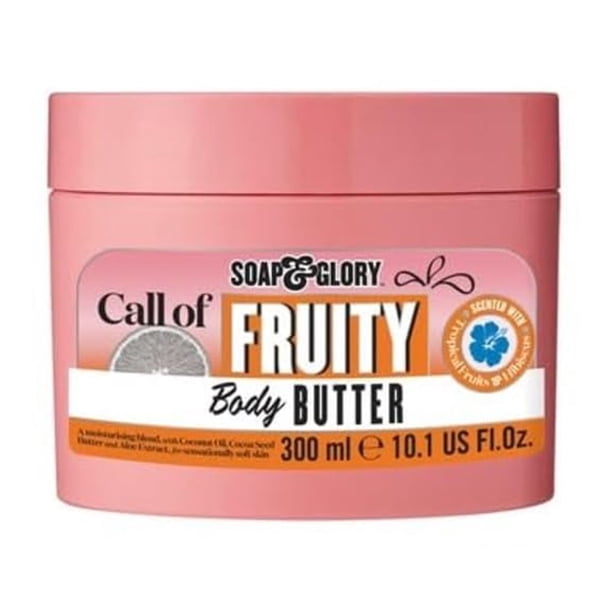 Soap & Glory Call of Fruity Body Butter - Crema corporal hidratante con vitamina E, aceite de coco y extractos de aloe - Frutas tropicales, jugoso melón y manteca de cacao de hibisco para piel deshidr