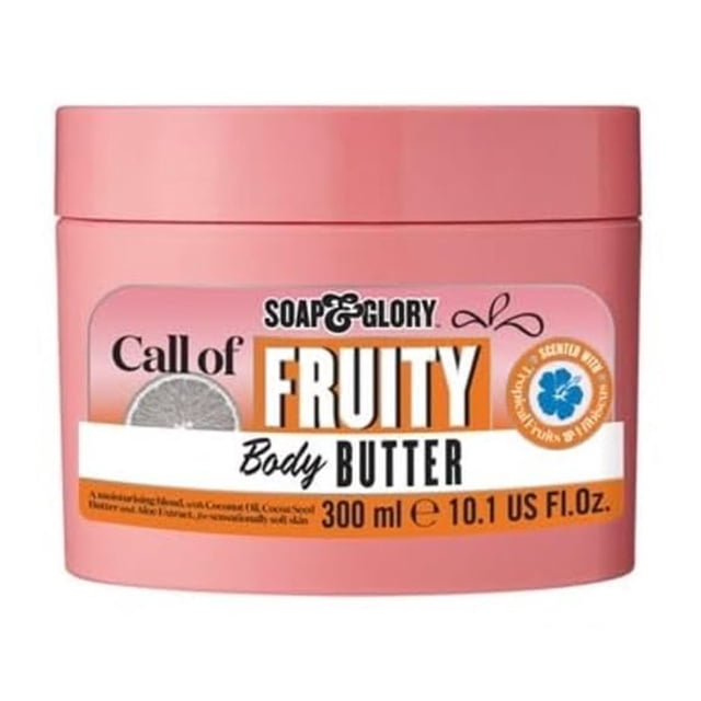 Soap & Glory Call of Fruity Body Butter - Crema corporal hidratante con vitamina E, aceite de coco y extractos de aloe - Frutas tropicales, jugoso melón y manteca de cacao de hibisco para piel deshidr