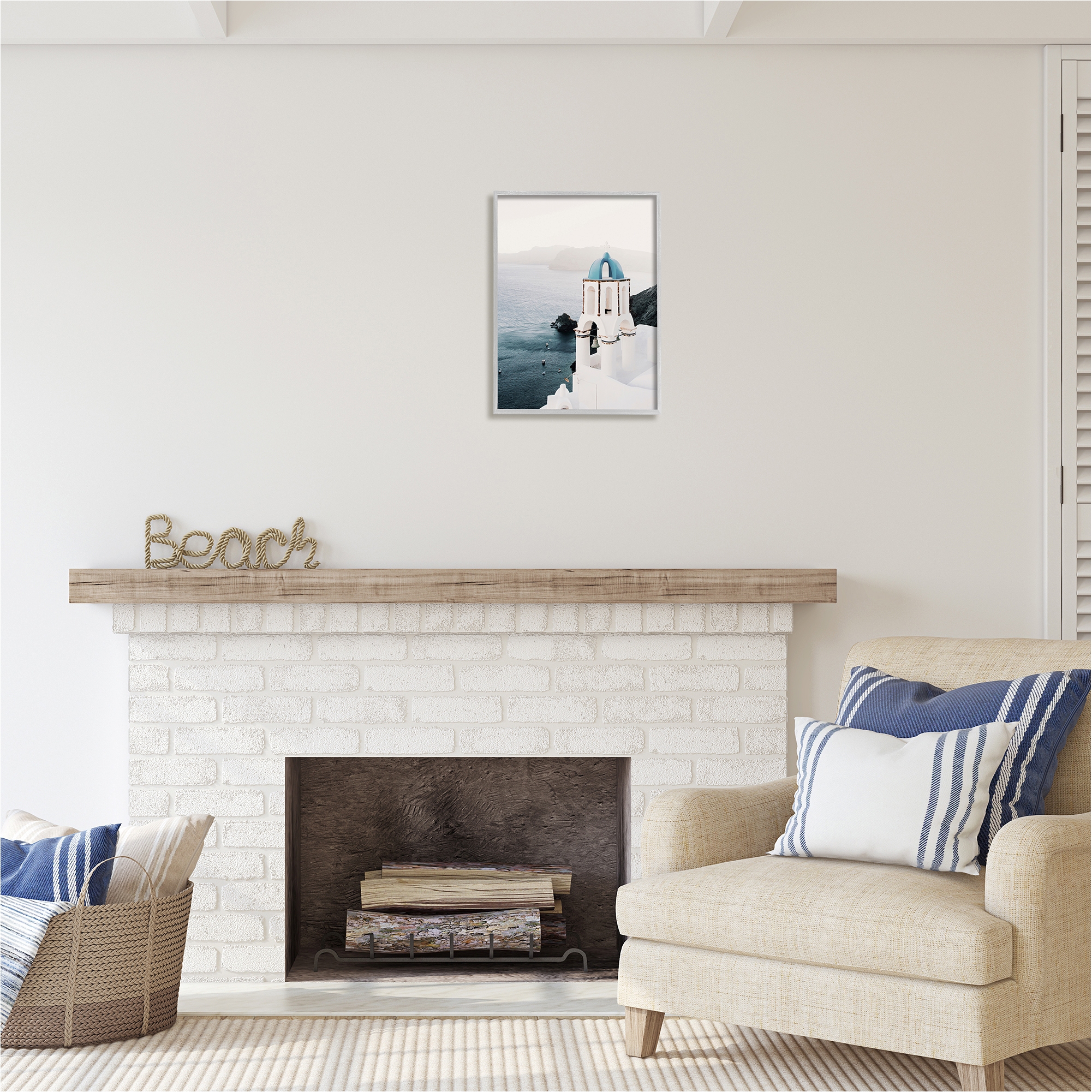 Stupell Industries Santorini Bell Tower Landscape Photography Gray Framed Art Print Wall Art, 16 x 20