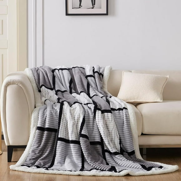 Gracelife Sherpa Fleece Throw Blanket for Couch, Soft and Cozy Full Blanket, Warm Checkered Oversized Blanket 80"*90"-Thick Fluffy Plush Reversible Plaid Fleece Blanket for All seasons, Gray