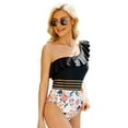thumbnail image 3 of SWSMCLT Women's One Shoulder Ruffle High Cut One Piece Mesh Swimsuit Fashion Bathing Suit Floral Flounce Beach Cheeky Swimsuit Black White 8-10, 3 of 4