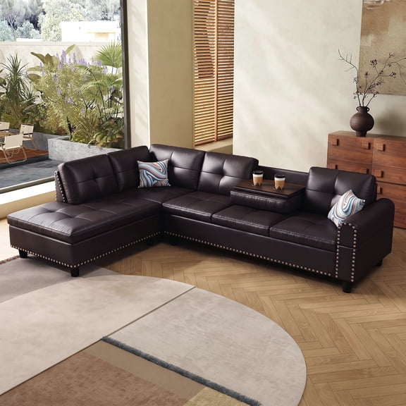 AENKYO 98" L-Shaped Sectional Sofa with Reversible Chaise and Cup Holders, Faux Leather, Brown