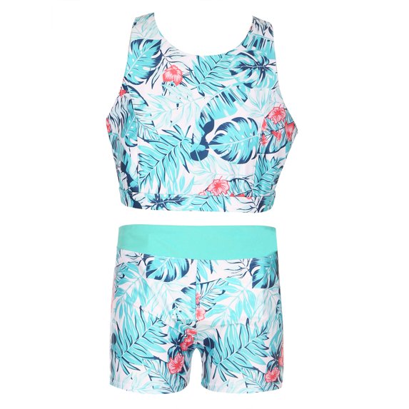 YONGHS Kids Girls Two Pieces Swimsuit Crisscross Back Printed Top Boyshorts Bottoms Set 4-14 Turquoise 10