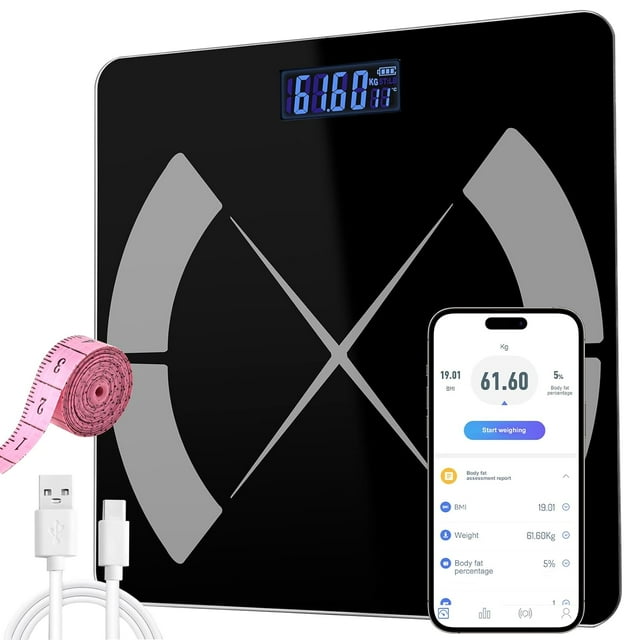 Báscula de grasa corporal inteligente recargable con aplicación, báscula de baño digital con aplicación para teléfono inteligente