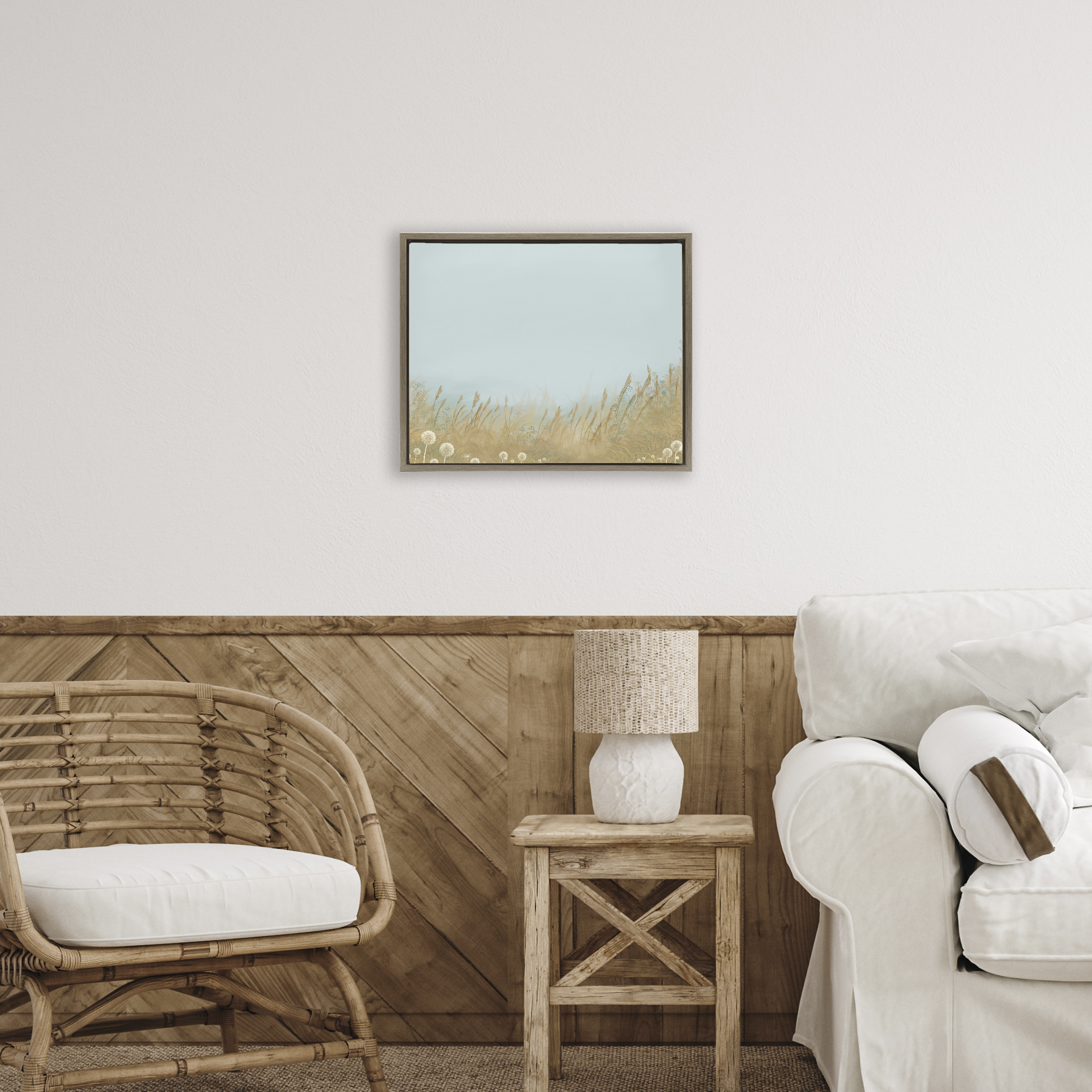 Misty Meadows Blowing in Wind Brown Framed Floater Canvas Wall Art, design by Renel Peters