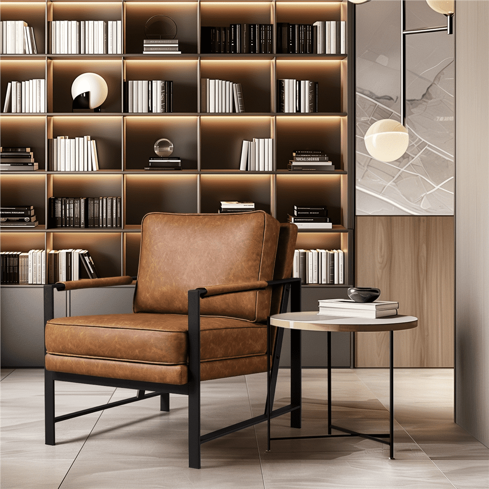 Alden Design Faux Leather Modern Accent Chair with Metal Frame for Livingroom, Light Brown