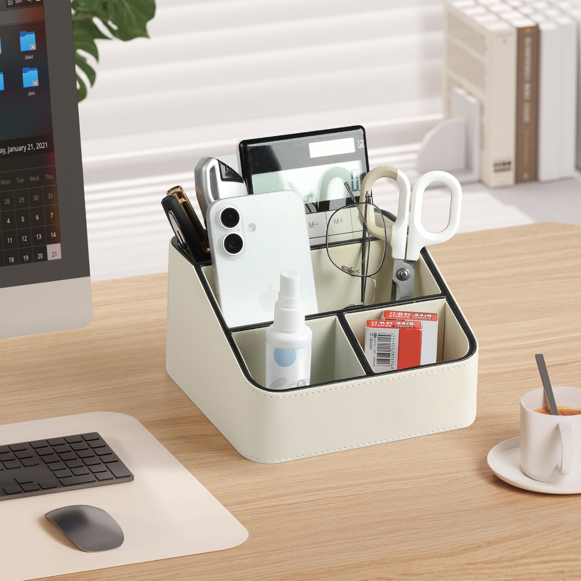 Remote Control Holder, PU Leather Small Desk Organizer Stylish Cute Desktop Organizer for Home Office Desk Accessories, Remote Caddy Bedside Nightstand Organizer for Women Men (Cream)