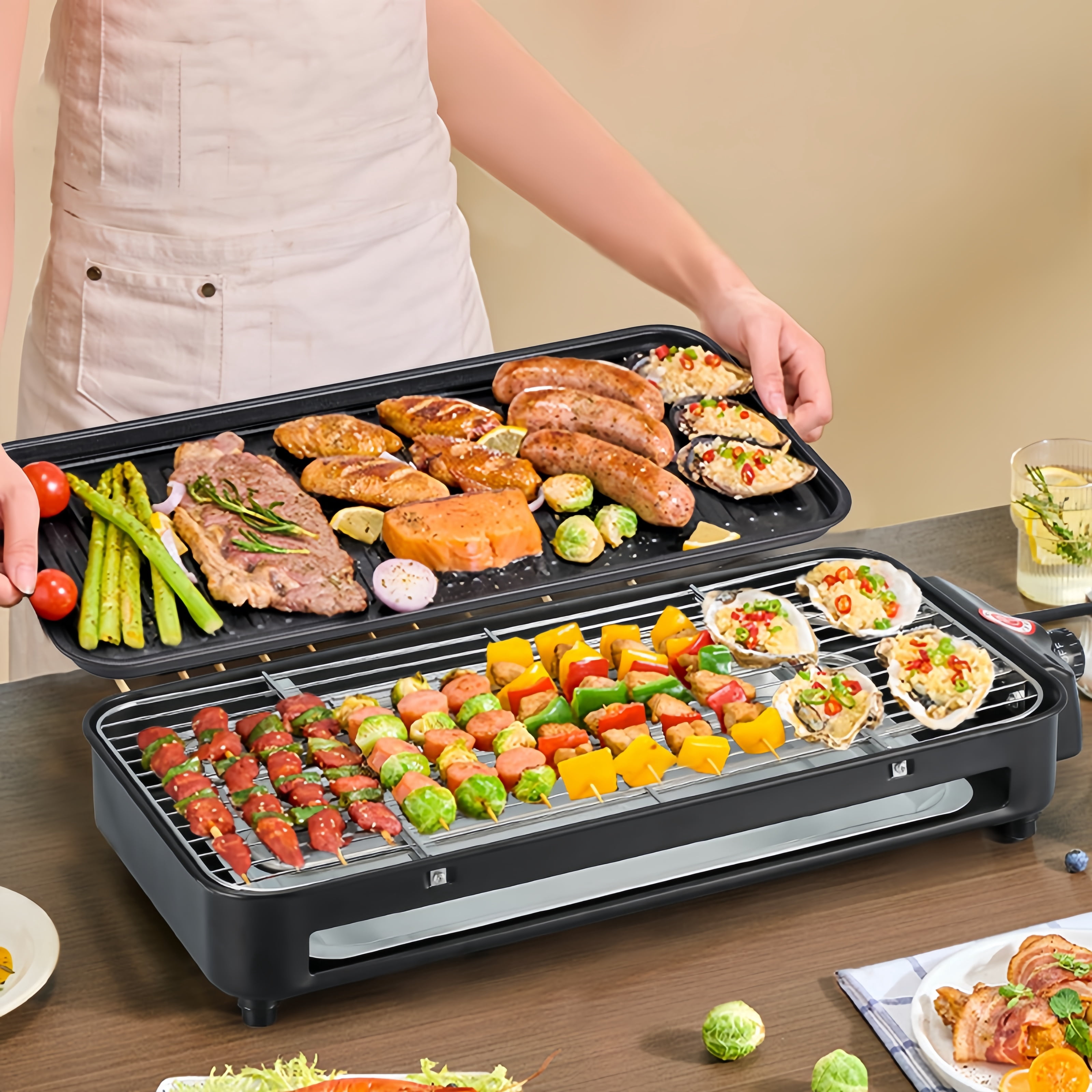 REDUSK  Electric Indoor Grill 1500W, 3in1 Versatile Smokeless Indoor Grill for Home Cooking, Non-Stick Removable Grill & Griddle Plate, Temperature Control, Black