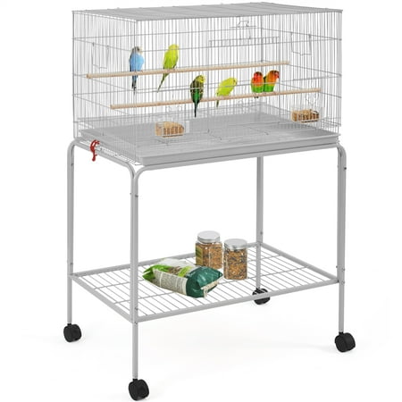 Alden Design 47" Metal Bird Cage with Slide-Out Tray and Rolling Stand, Light Gray
