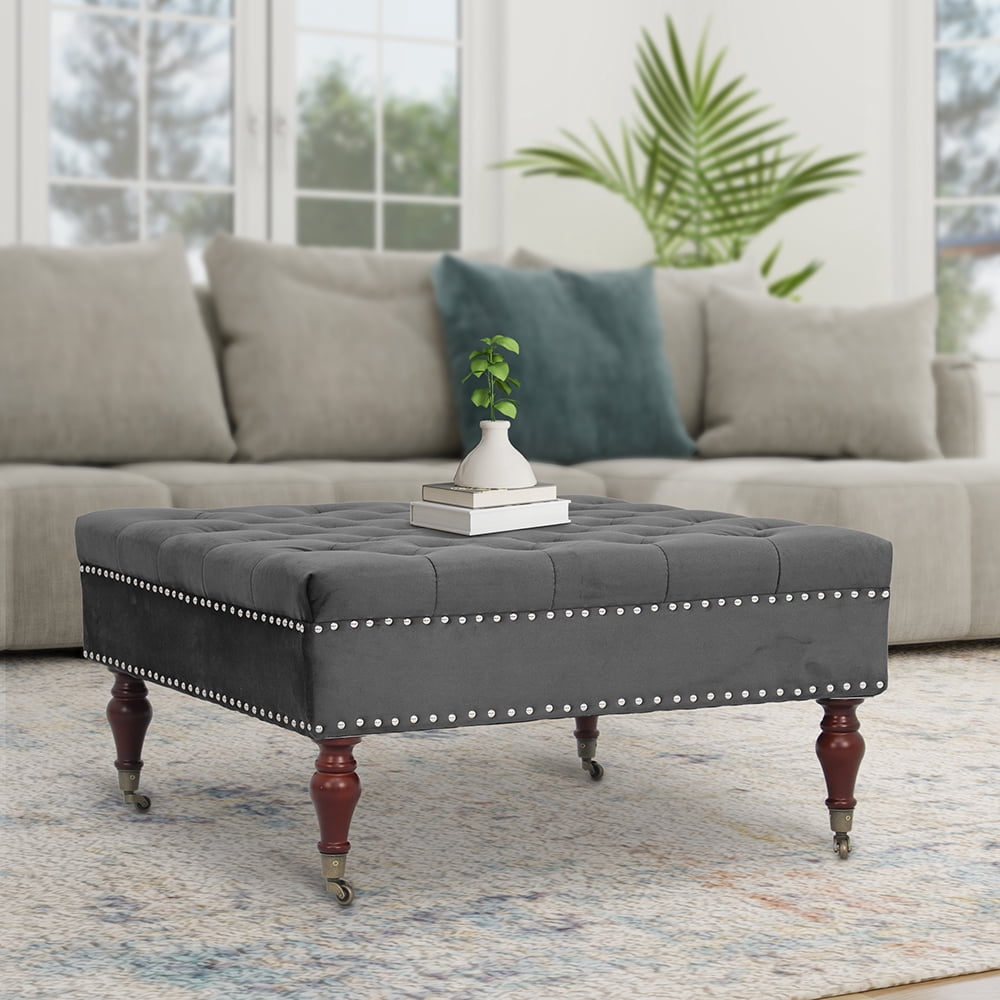 Abble 34in Square Dark Gray Tufted Upholstered Indoor Cocktail Ottoman Living Room Coffee Table with Wheels