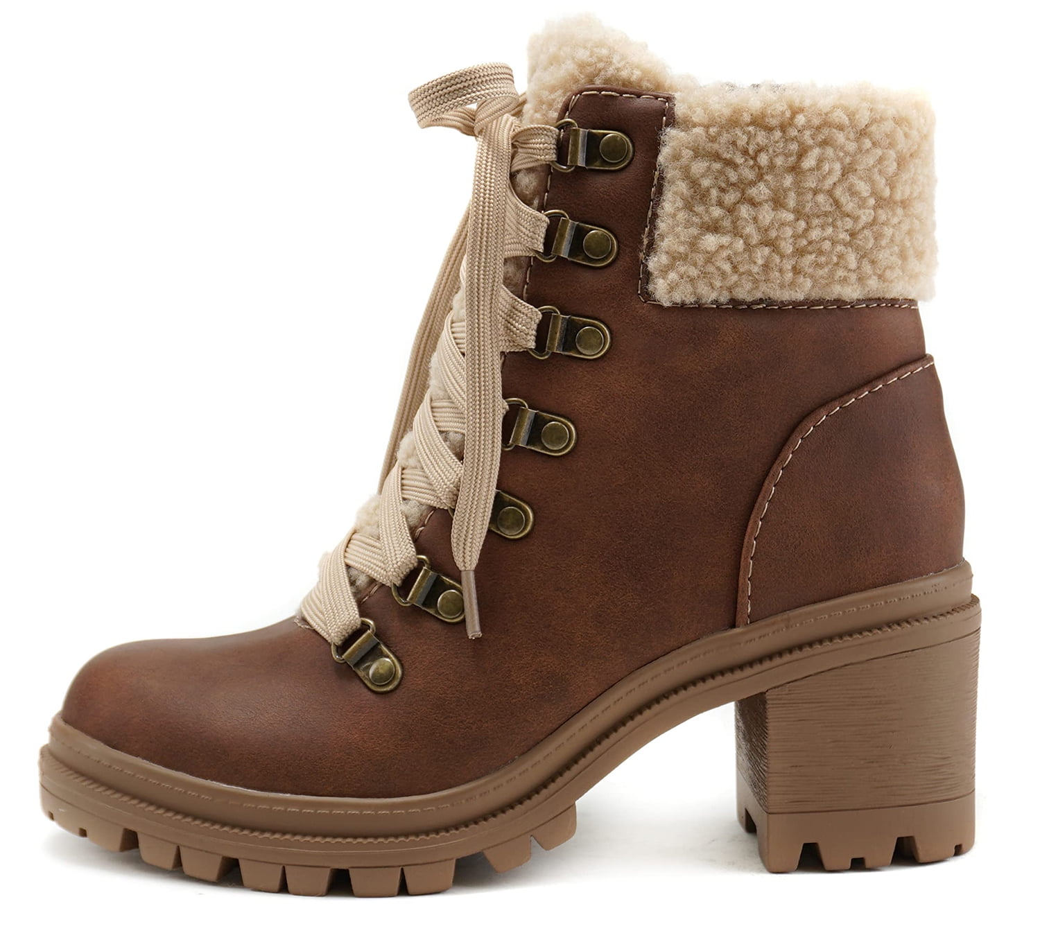 Soda Women Chunky Thick Heels Lug Sole Faux Fur Ankle Combat Boots Lace