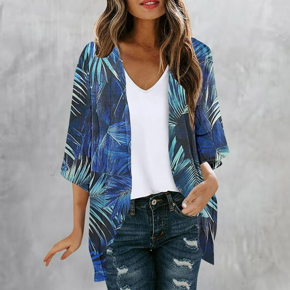 Xixinqiwan Womens Kimono Beach Cover Up for Summer Floral Printed Chiffon Cardigan Loose Casual Tops Capes