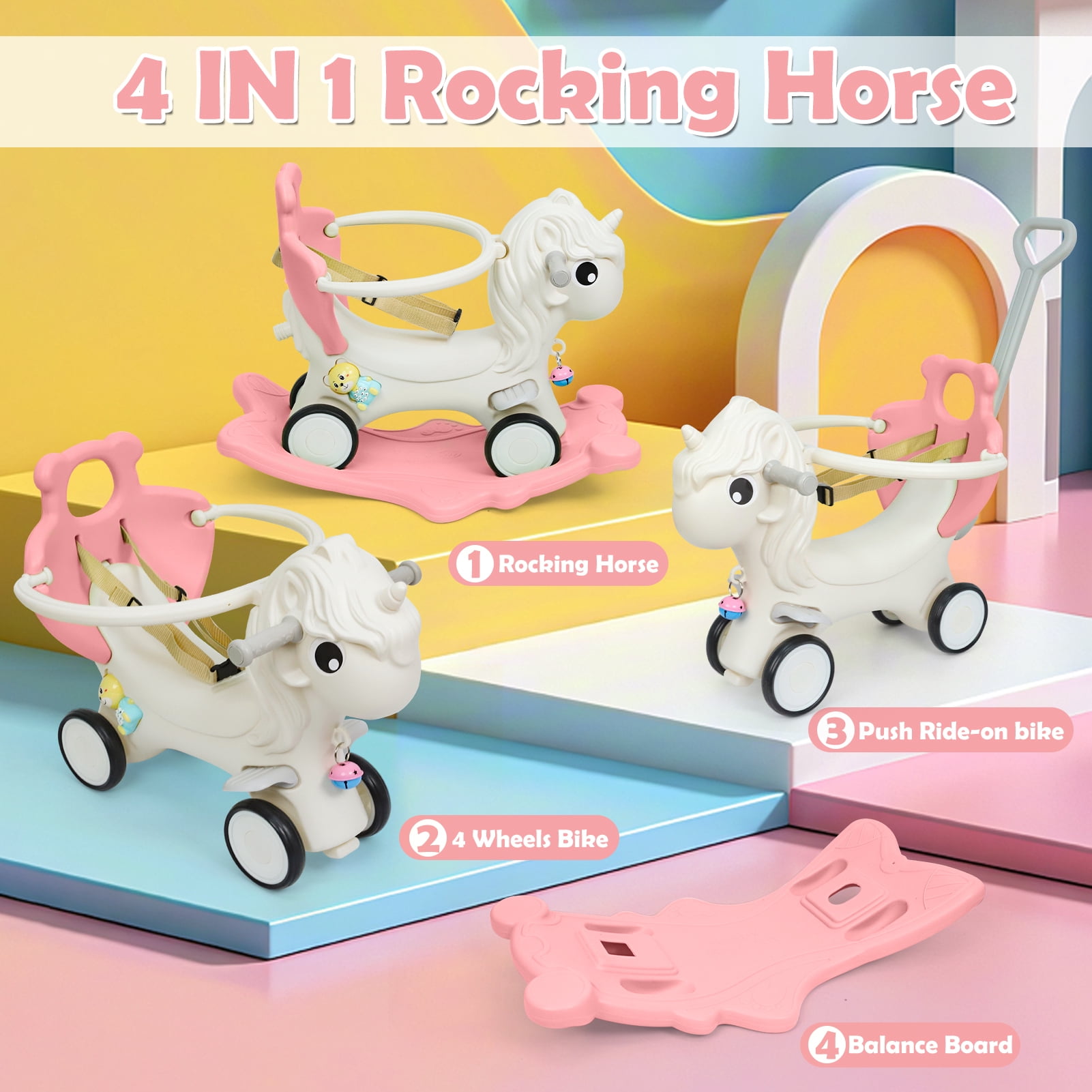 Wdmiya 4 in 1 Rocking Horse for Toddlers 1-3 Years Old, Baby Unicorn Rocking Toy Birthday Gift for Boy and Girl, Ride on Toy with Detachable Balance Board，Balance Bike with Push Handle, Pink