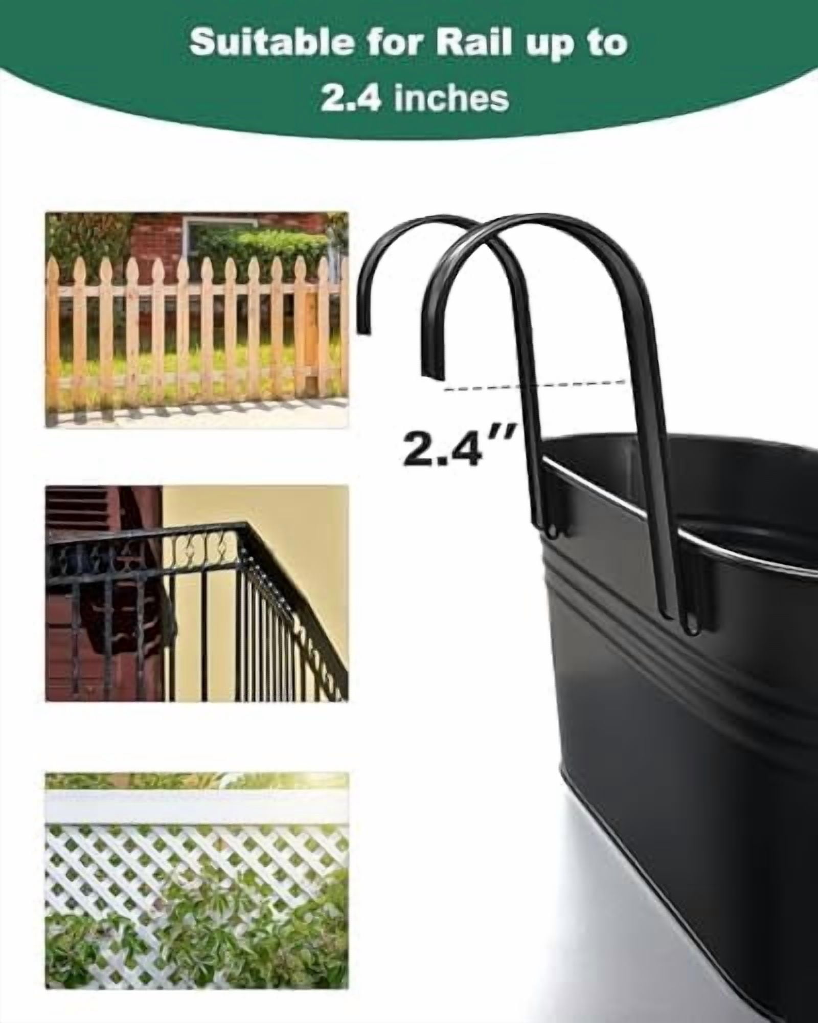 RibRave 16" Metal Railing Planters for Outdoor Plants, 5 Pcs Large Hanging Flower Pots with Detachable Hooks & Drain Holes, Oval Balcony Fence Planter Baskets for Herbs & Succulents, Black