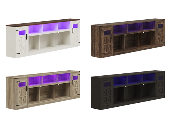 ChVans 95" Farmhouse TV Stand for 90/100"TV with LED Lights and Power Outlets, Large Entertainment Center with 2 Barn Doors Storage Cabinet & 6 Semi-Open Compartments for Living Room, White