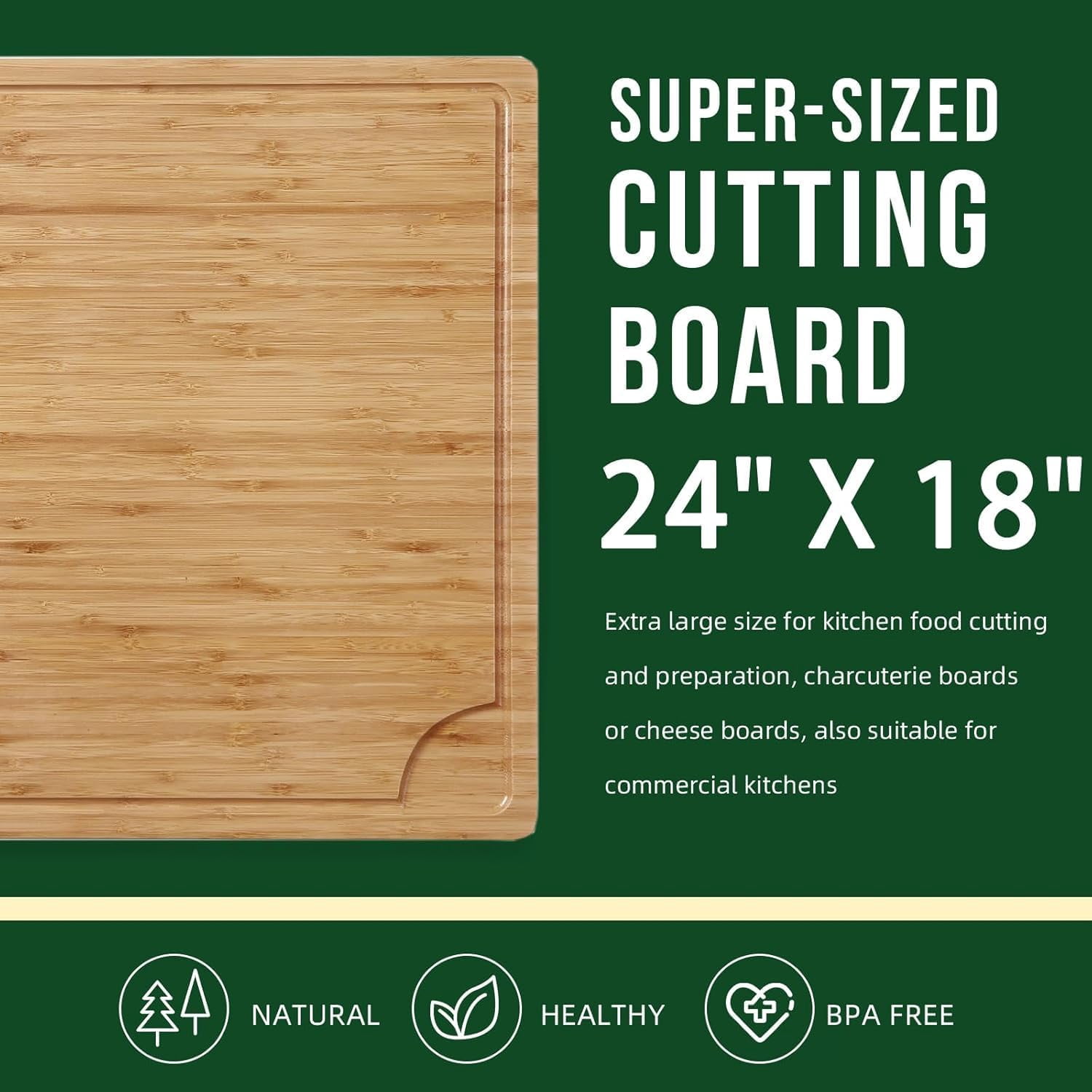 2Pcs 24 in Extra Large Bamboo Cutting Board with Juice Groove, Heavy Duty Wood Chopping Board and Stovetop Cover with Handles, 100% Organic Natural Bamboo for Kitchen
