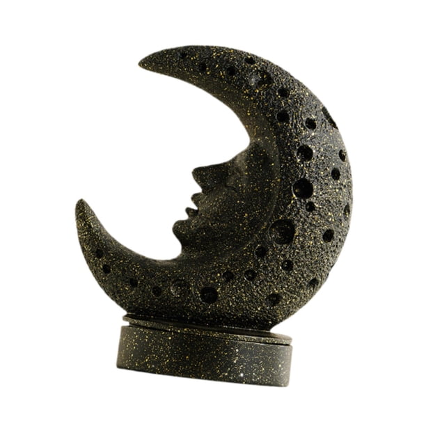 Intrincado porta incienso de reflujo de luna, adorno de resina, quemador de cono para el hogar. Negro