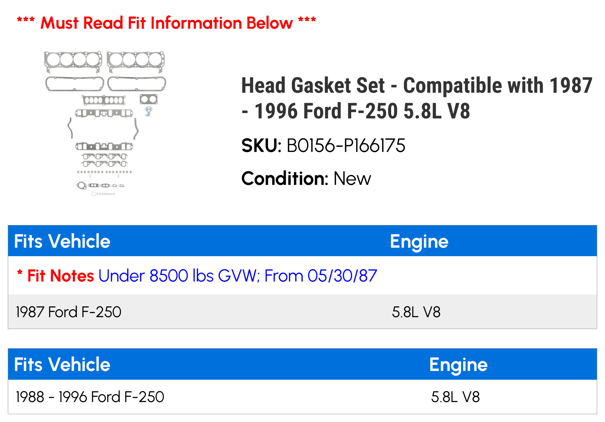 Head Gasket Set - Compatible with 1987 - 1996 Ford F-250 5.8L V8 1988 1989 1990 1991 1992 1993 1994 1995