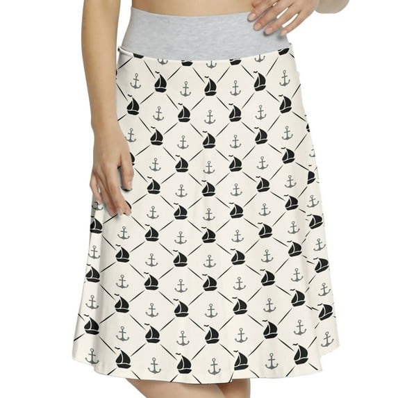 Women's Sail Boat Ships Anchors Nautical A-line Printed Skirt Casual Wear, 2XL, Black Grey White, by Ambesonne