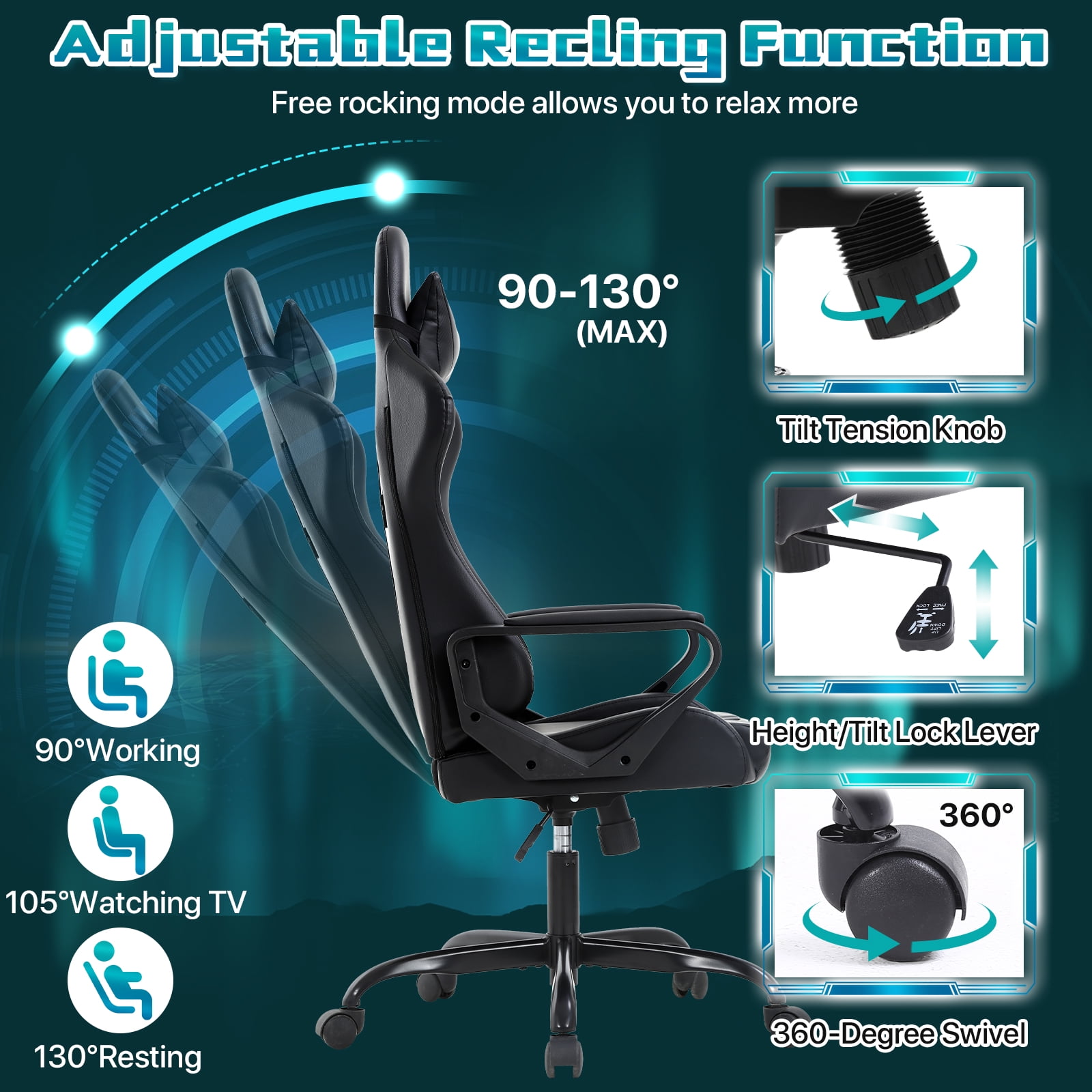 NiamVelo Racing Gaming Chair High-Back Office Chair Pu Leather Gamer Chair Ergonomic Computer Chair with Adjustable Lumbar Support & Headrest for Teens& Adults, Black