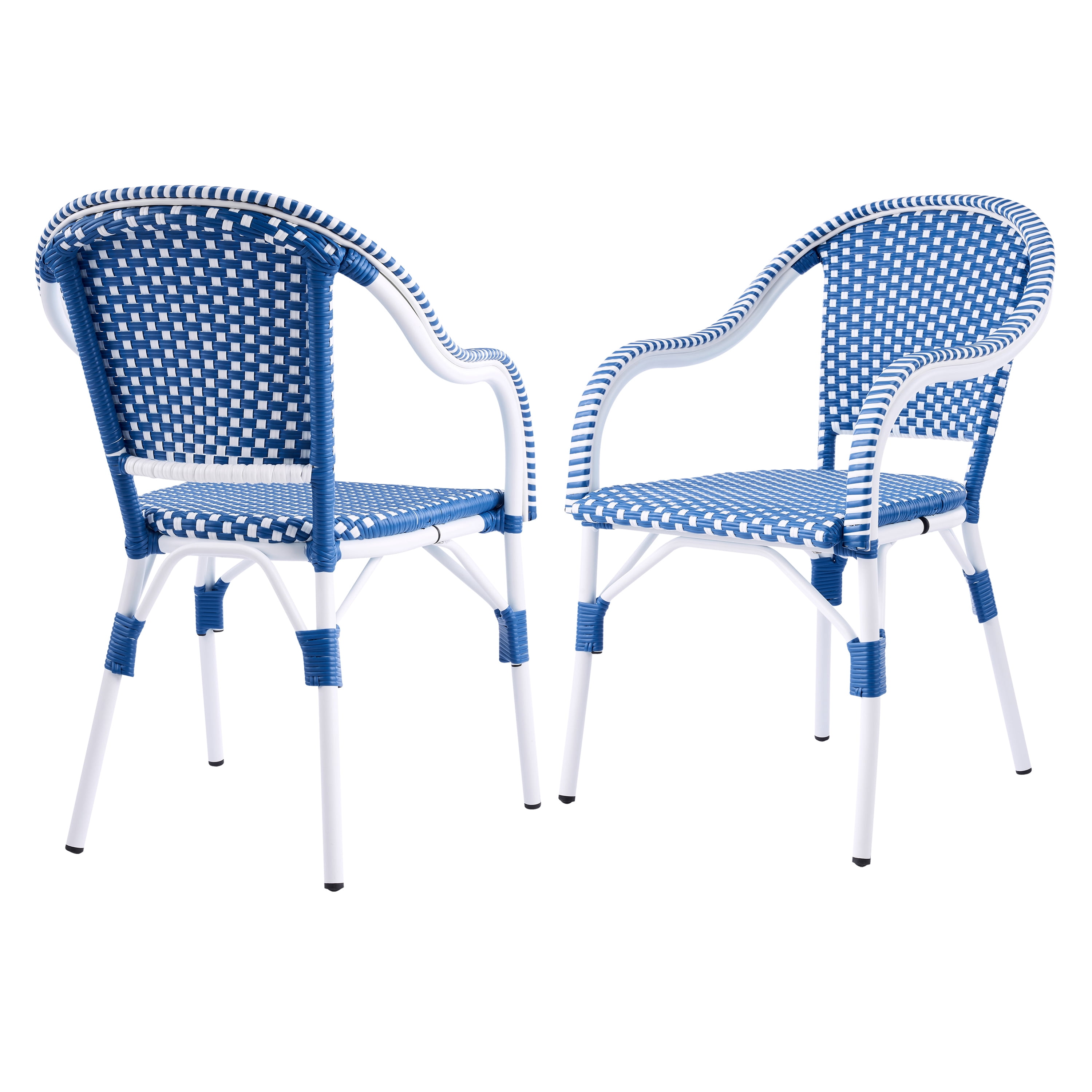 Bistro Chairs Set of 2, Outdoor Aluminum Frame Weather Resistant PP Rattan Chairs for Porch Garden, White and Blue