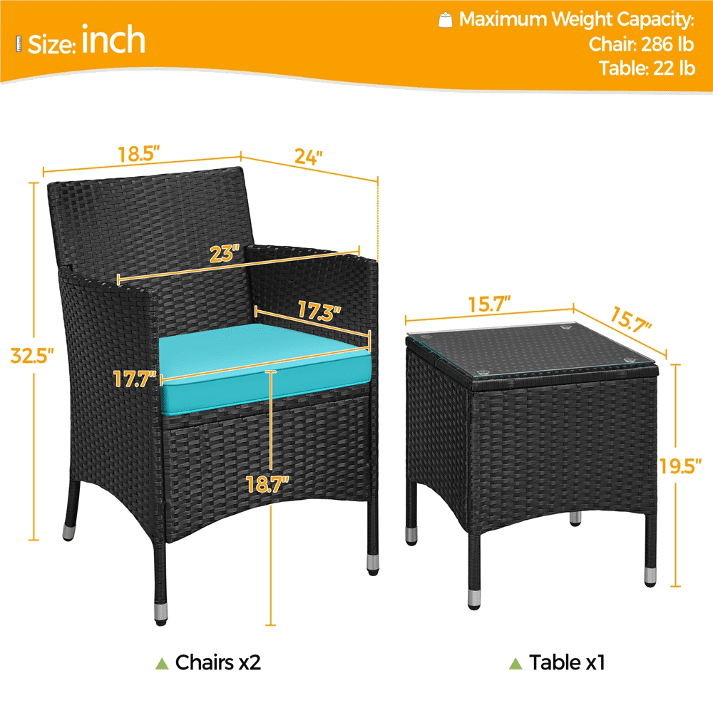 Yaheetech 3-Piece Wicker Furniture Set with Side Table, Black/Cyan