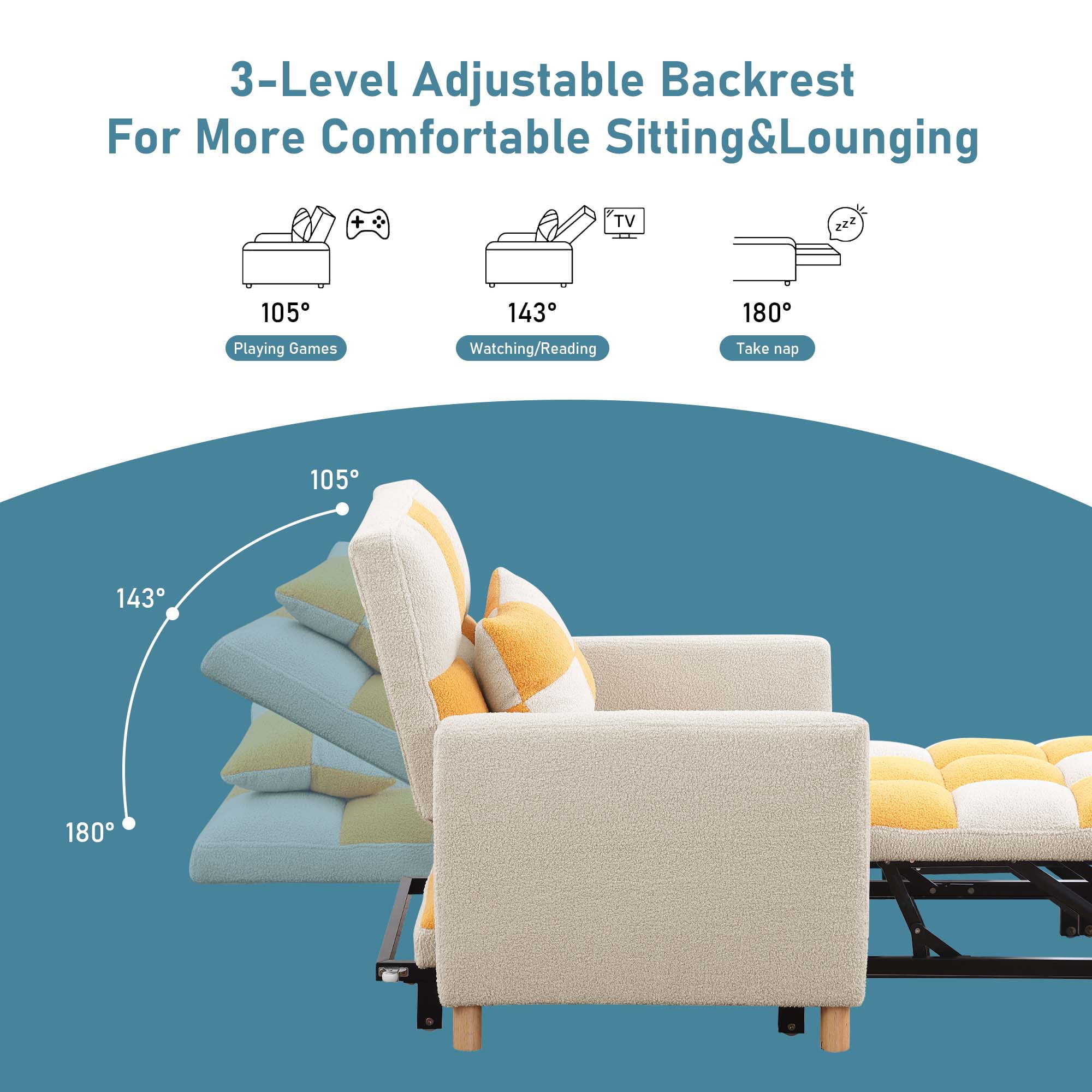 Aukfa Convertible Sleeper Chair Bed, Patchwork Pull Out Sofa Chair with Adjustable Backrest, Teddy  Beige/Yellow  (图4)