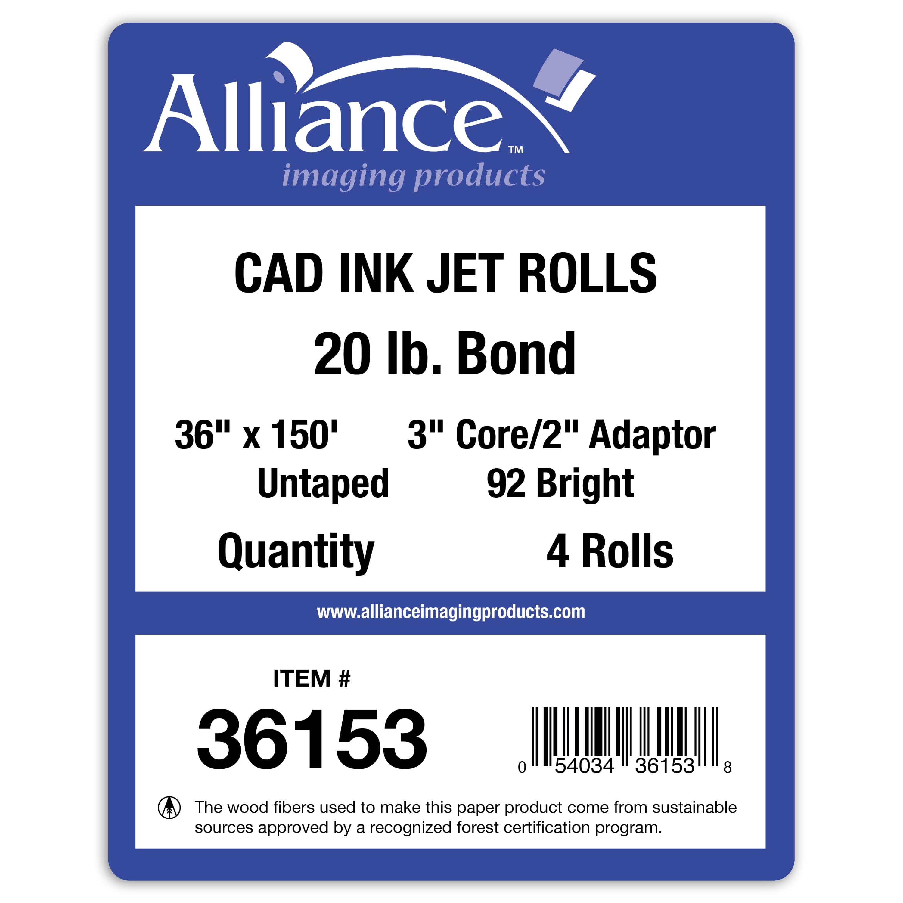 Alliance Wide Format Paper 36" x 150' CAD Bond 20lb | 92 Bright | 4 Rolls | 3" Core w/ 2" Adapter