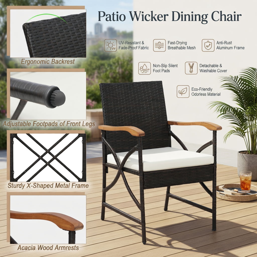 Hommoo 2-Pack Modern PE Rattan Patio Dining Chairs with Off-White Zippered Cushions, Ergonomic Wicker Outdoor Chairs for Backyard, Porch & Poolside, Brown
