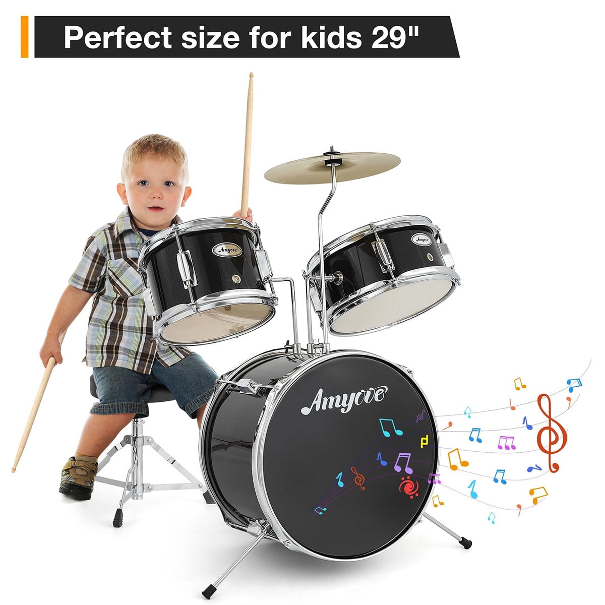 Danolapsi 3 Piece Kids Drum Set with Cymbal, 2 Drumsticks, Pedal, 2 Tom,Beginner Junior Drum Kit with Throne Stool, Musical Instruments for Boys and Girls