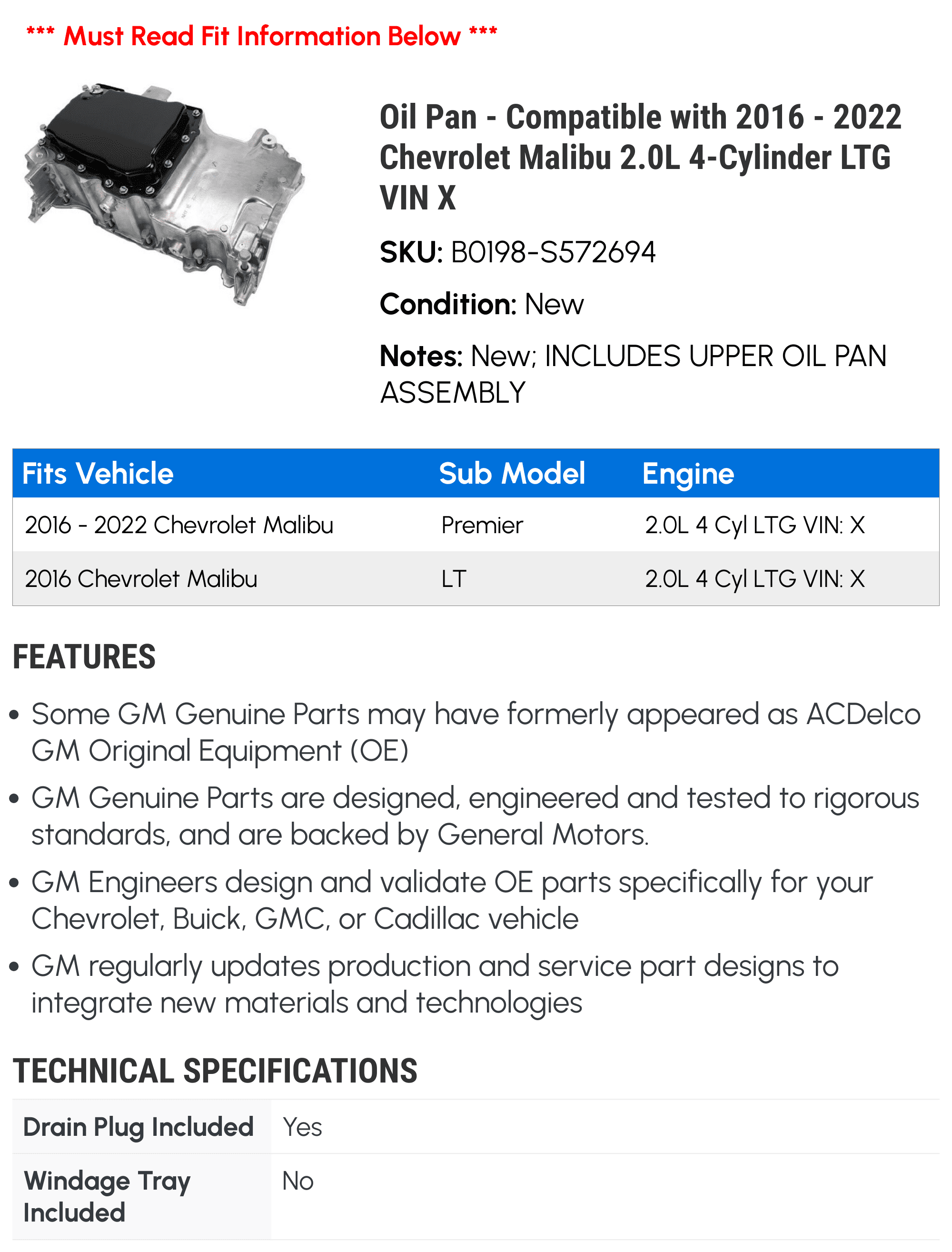 Oil Pan - Compatible with 2016 - 2022 Chevrolet Malibu 2.0L 4-Cylinder LTG VIN X - AC Delco