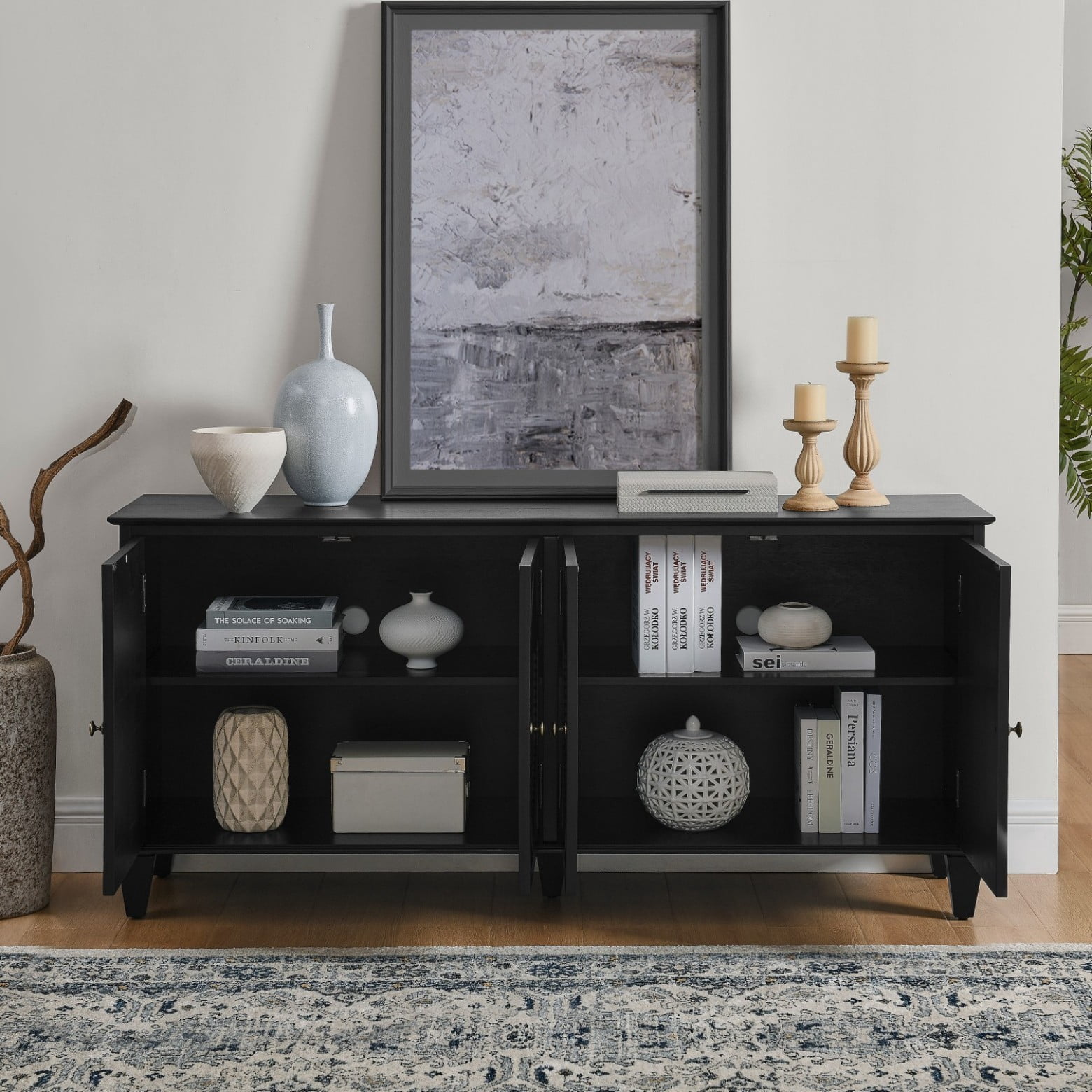 Mid Century Modern 65.2" Sideboard Buffet Cabinet with Storage, Geometric Accent Console Table, Wine Bar Cabinet for Living Room, Entryway, Kitchen, Black