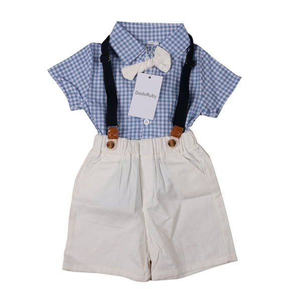DodoRuby Boys Summer Suit Short Sleeve Plaid Shirt Bib Shorts Two-piece Light Blue