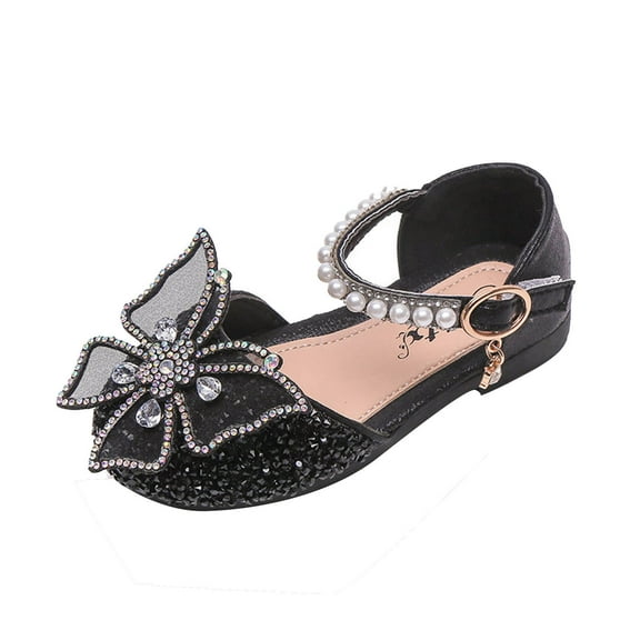 Ugoldhm Toddler Girls Glitter Dress Shoes Pearl Rhinestone Butterfly Flats Closed Toe Wedding Party Shoes