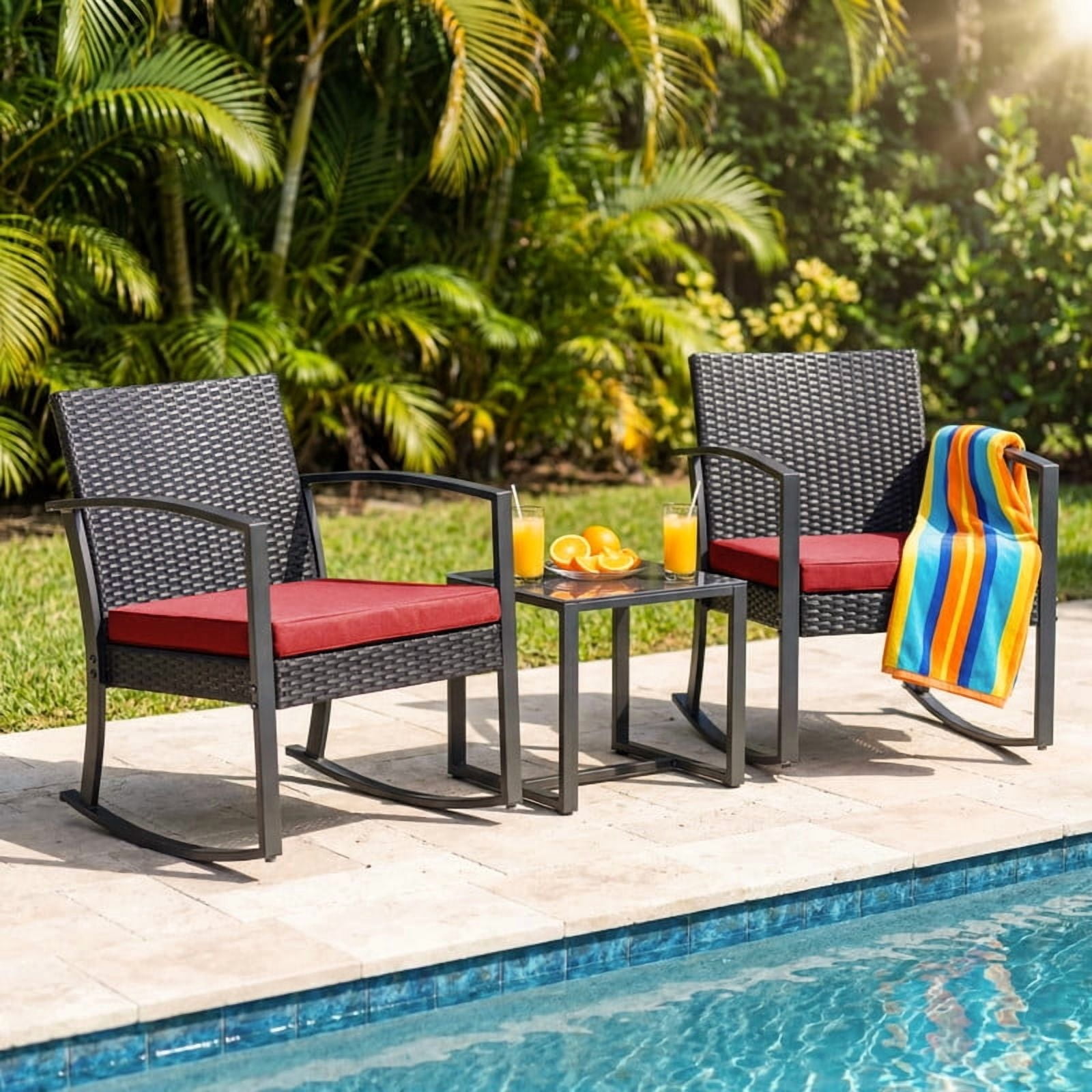 Homall Patio Furniture Set Outdoor Rocker All Weather PP Rocking Chair with Cushion Set of 3, Red