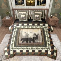 jejeloiu Safari Deer Bear 7-Piece Bedding Comforter Set,Jungle Animal King Bedding Sets,Brown Pine Cone Bed Sheets For Teens,Microfiber Bedroom Decor Reversible