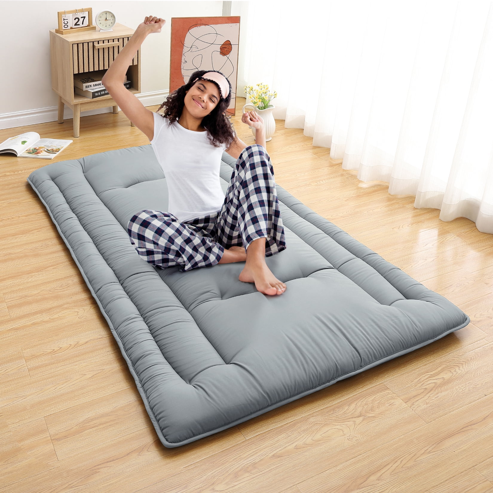 Twinl Size Foldable Floor Mattress, Japanese-Style Roll-Up Foam Sleeping Mat, Space-Saving Tatami Floor Bed for Living Room or Bedroom, Light Gray