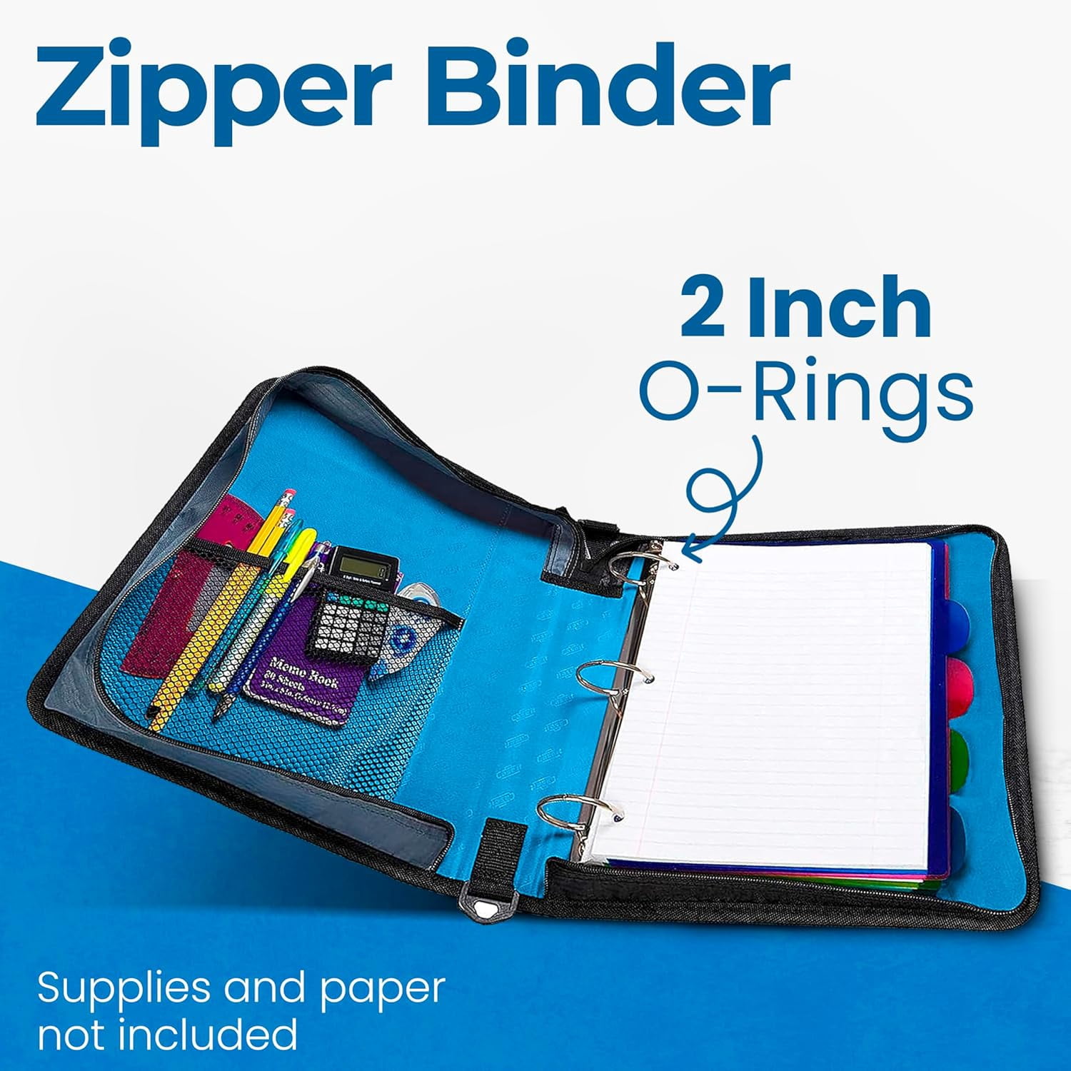 Case-it Classic Zipper Binder, 2" O-Ring with Mesh Pockets and Shoulder Strap and Handle, 350 Page Capacity, D-251 Denim Blue