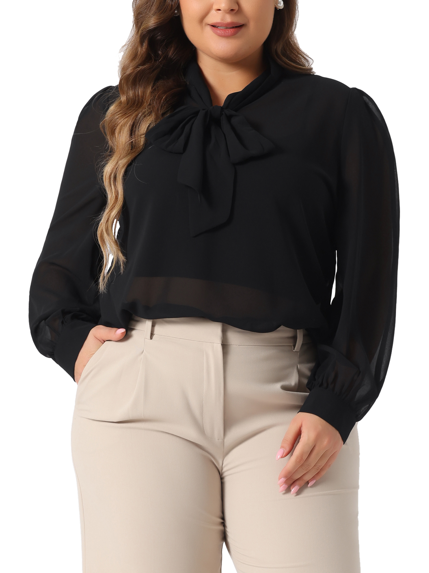 DARING DIVA Women's Plus Size Sheer Chiffon Bow Tie Neck Long Sleeve Blouse 1X Black