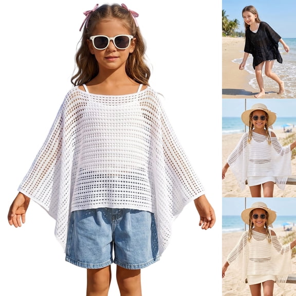 Kids Little Girl Swim Cover Up Sheer Knit Poncho Top Quick Dry Summer Dress Girl Swimsuit Cover Up 6-8 Years