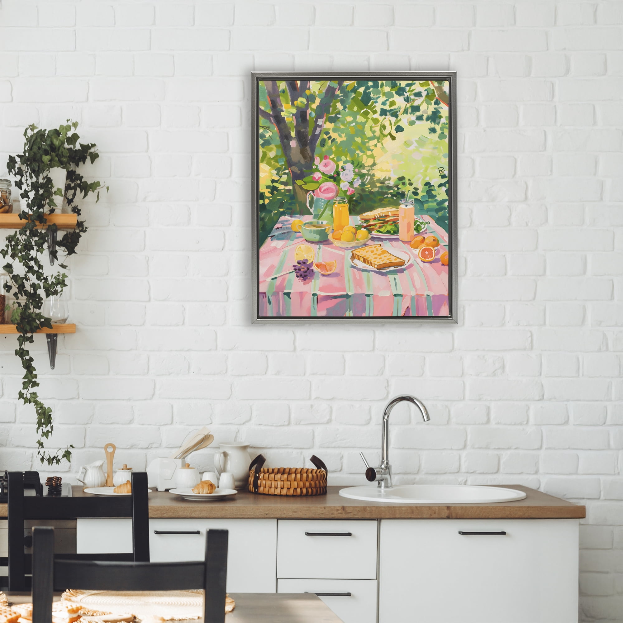Stupell Industries Breakfast Picnic in Garden Gray Framed Floater Canvas Wall Art, design by The Prints Vibe