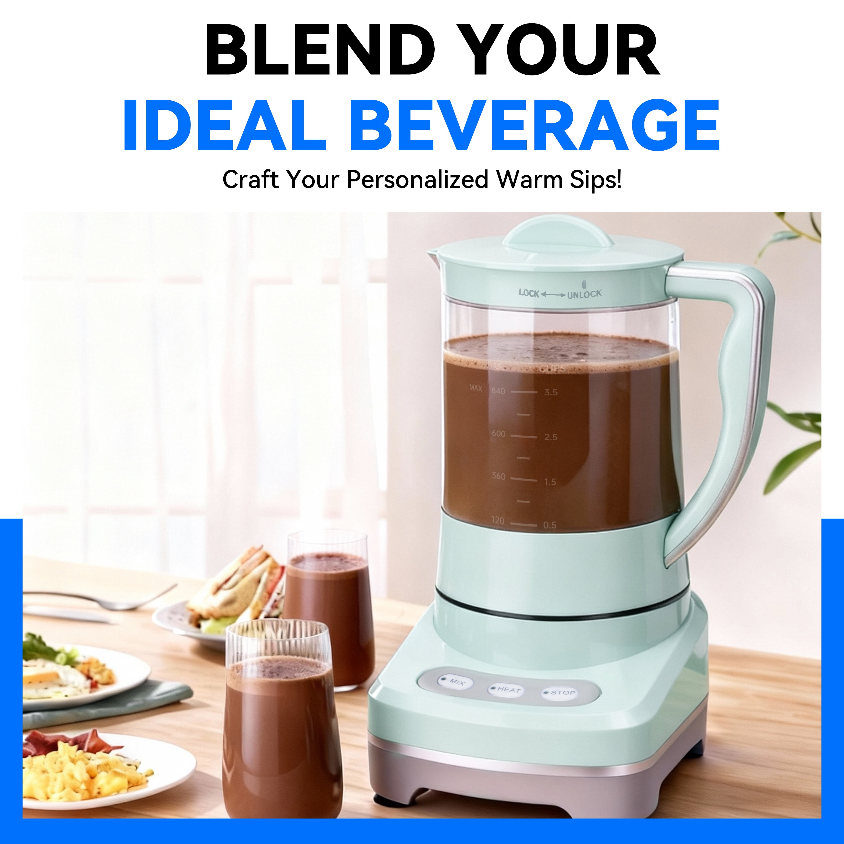 Mailand Hot Chocolate Maker, Milk Warmer for Coffee & Drink, 3-in-1 Warm Chocolate Machine, 3.5 Cups, 29 Oz, Aqua