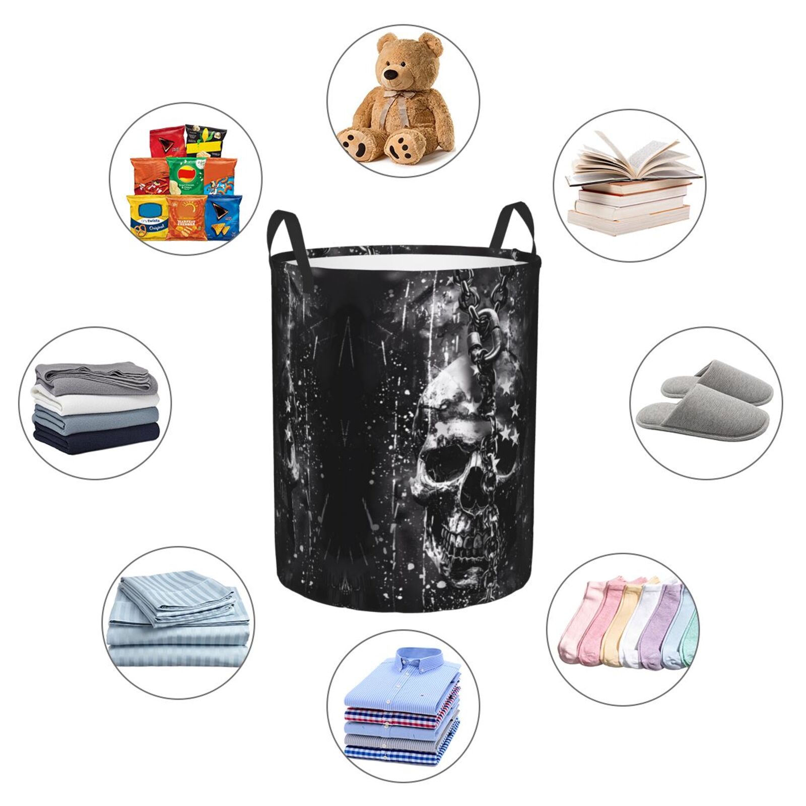 Large Laundry Basket with Handles - Chained Skull Artwork Kids Baby Dirty Clothes Laundry Hamper for Bedroom Aesthetic