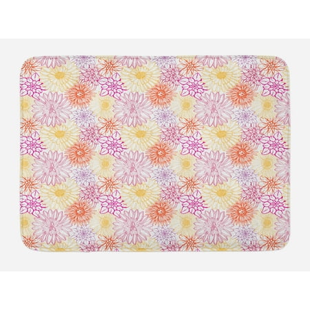 Essence Slip - Floral Bath Mat, Blossom Spa Gardening Theme Flower Petals Essence Bouquet Art, Non-Slip Plush Mat Bathroom Kitchen Laundry Room Decor, 29.5 X 17.5 Inches, Pale Yellow Dark Coral Fuchsia, Ambesonne