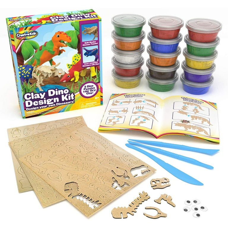 30 Pieces Air Dry Modeling Clay Craft Kit for Kids with Puzzle Sheet,  Dinosaur T-Rex Stegosaurus